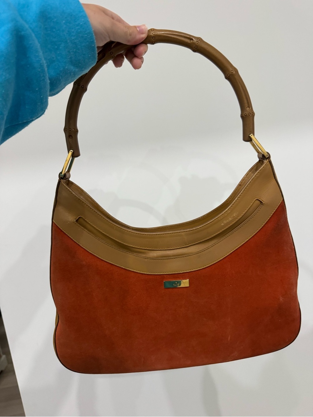 Gucci Suede Shoulder Bag with Bamboo-Style Handle in Rust and Tan